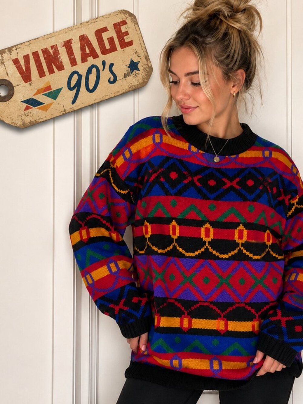 Vintage 90s Jessica Roberts Geometric Knot Sweater Colorblock Oversized USA Made